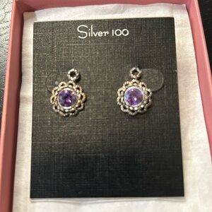 Sterling Silver 100 Earrings With Purple Stone Center